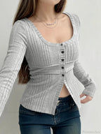 Sweet Solid Split Square Collar Long Sleeve Knit Top