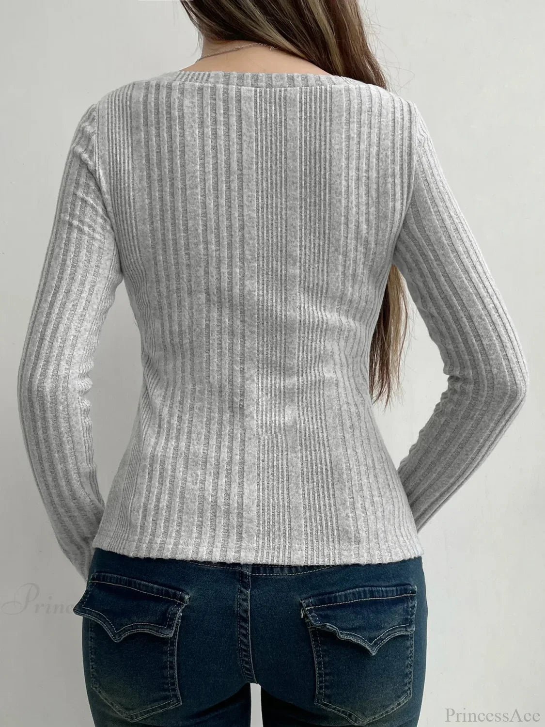 Sweet Solid Split Square Collar Long Sleeve Knit Top