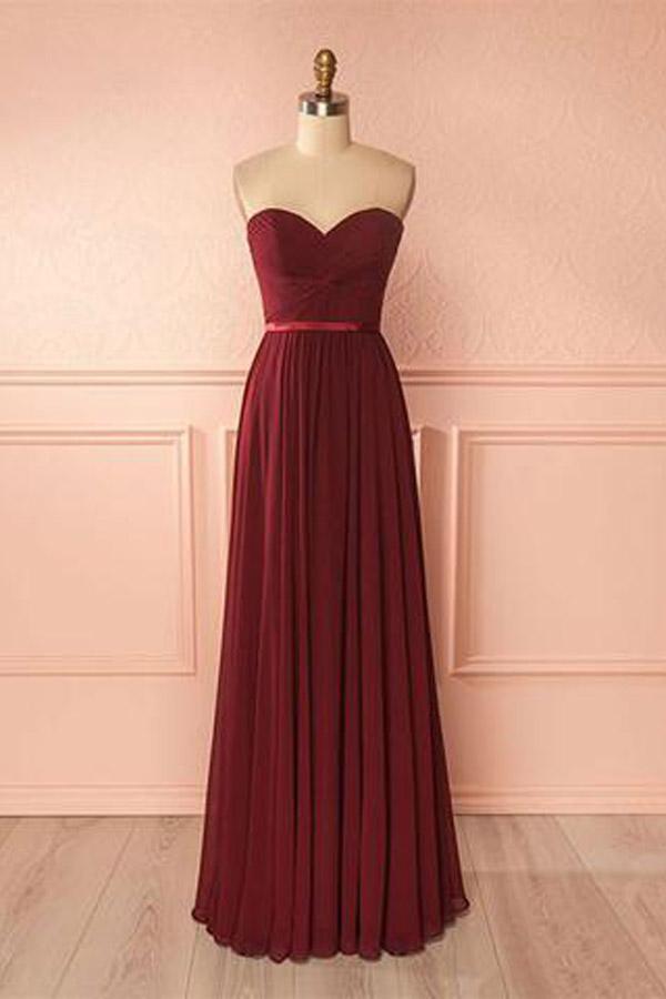 Langes, burgunderrotes Chiffon-Abendkleid mit Herzausschnitt und Brautjungfernkleid