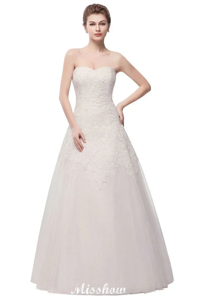 Brautkleider mit Herzausschnitt, trägerlos, A-Linie, lang, aus Spitze und Tüll