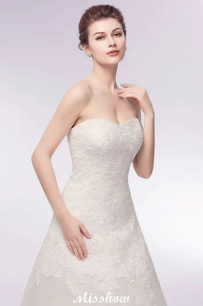 Brautkleider mit Herzausschnitt, trägerlos, A-Linie, lang, aus Spitze und Tüll