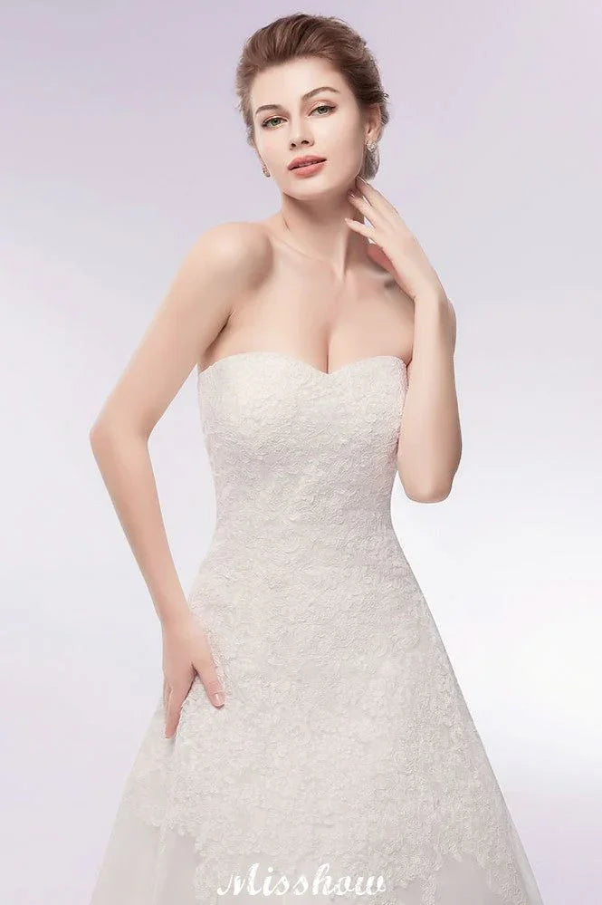 Brautkleider mit Herzausschnitt, trägerlos, A-Linie, lang, aus Spitze und Tüll
