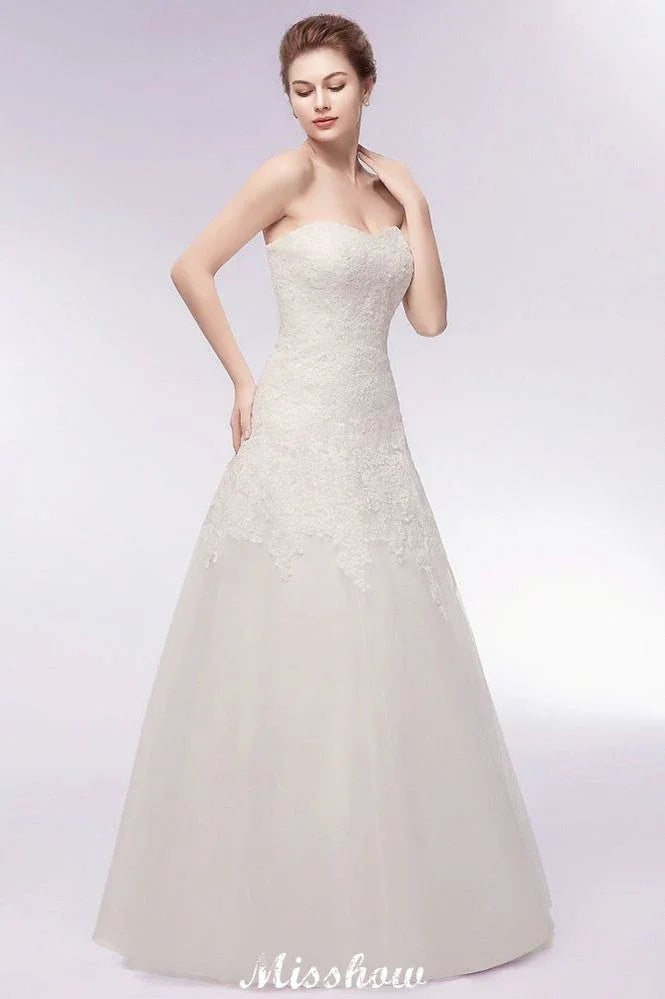 Brautkleider mit Herzausschnitt, trägerlos, A-Linie, lang, aus Spitze und Tüll