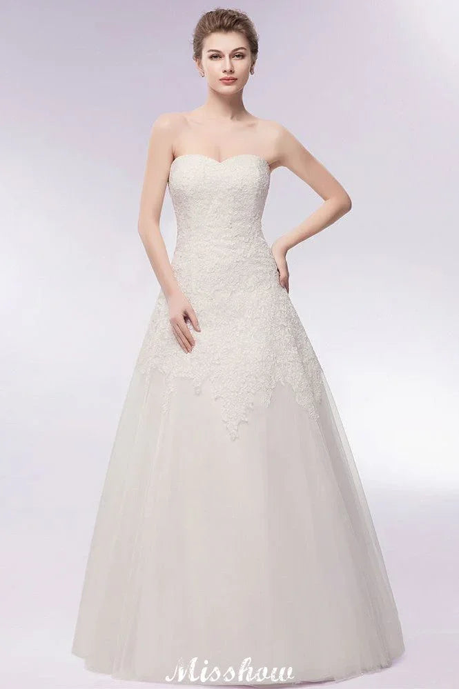 Brautkleider mit Herzausschnitt, trägerlos, A-Linie, lang, aus Spitze und Tüll