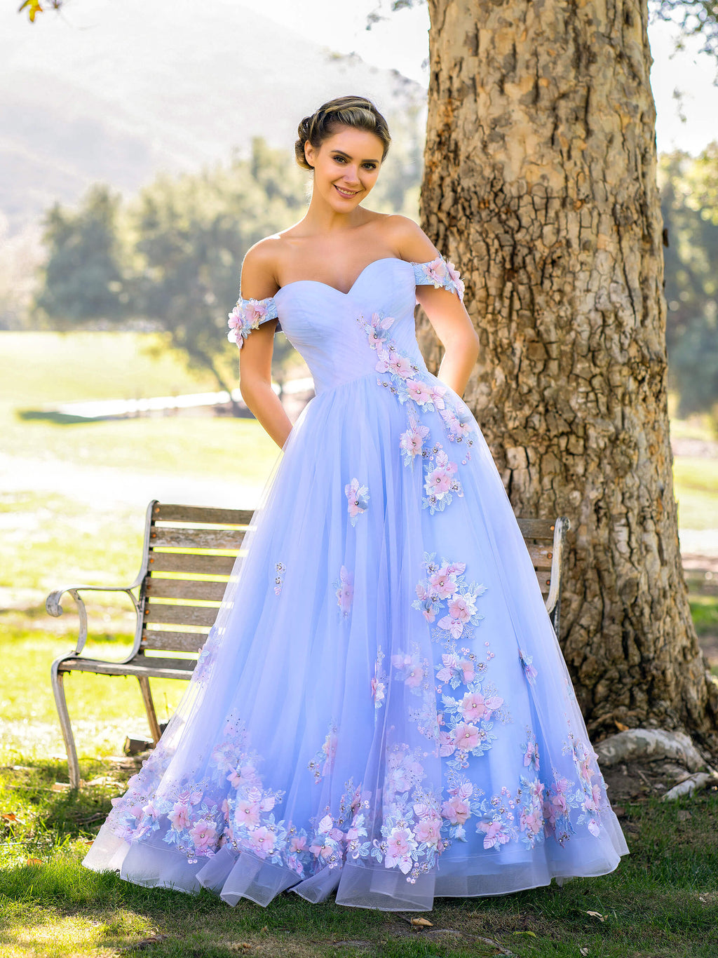 A-Linien-Abendkleid mit schulterfreiem Ausschnitt, Applikationen aus Tüll, bodenlang
