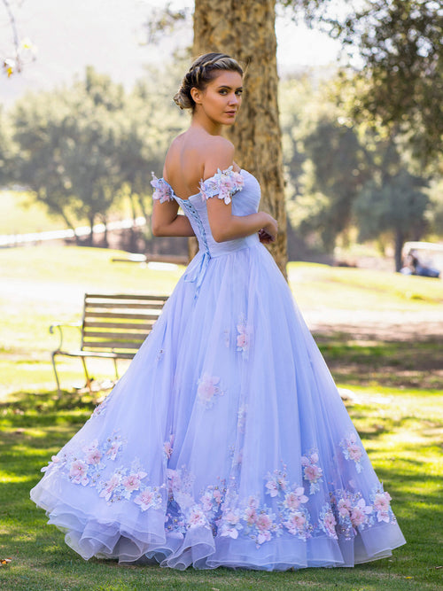 A-Linien-Abendkleid mit schulterfreiem Ausschnitt, Applikationen aus Tüll, bodenlang