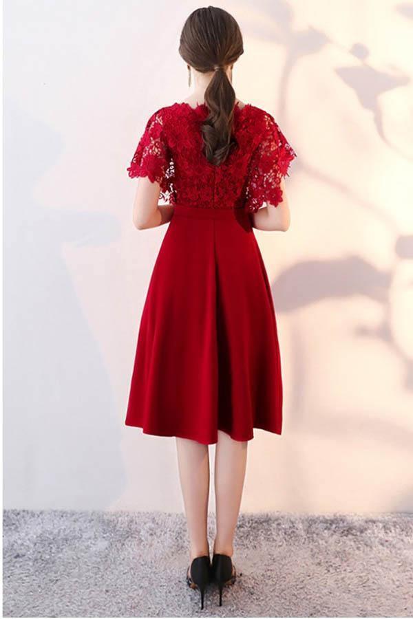 Vestido de fiesta de boda de manga de encaje de largo a la rodilla, vestido de regreso a casa con fajín