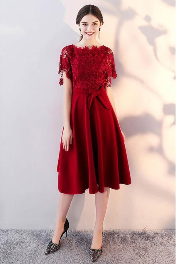 Vestido de fiesta de boda de manga de encaje de largo a la rodilla, vestido de regreso a casa con fajín