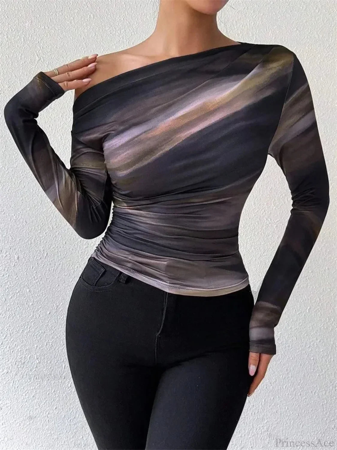 Tie-dye One Shoulder Slim Fit Long Sleeve Knit Top