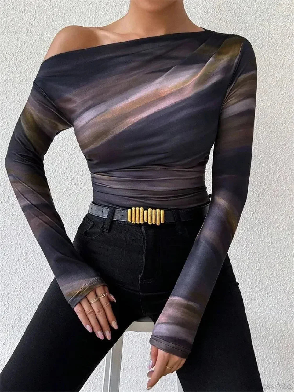 Tie-dye One Shoulder Slim Fit Long Sleeve Knit Top