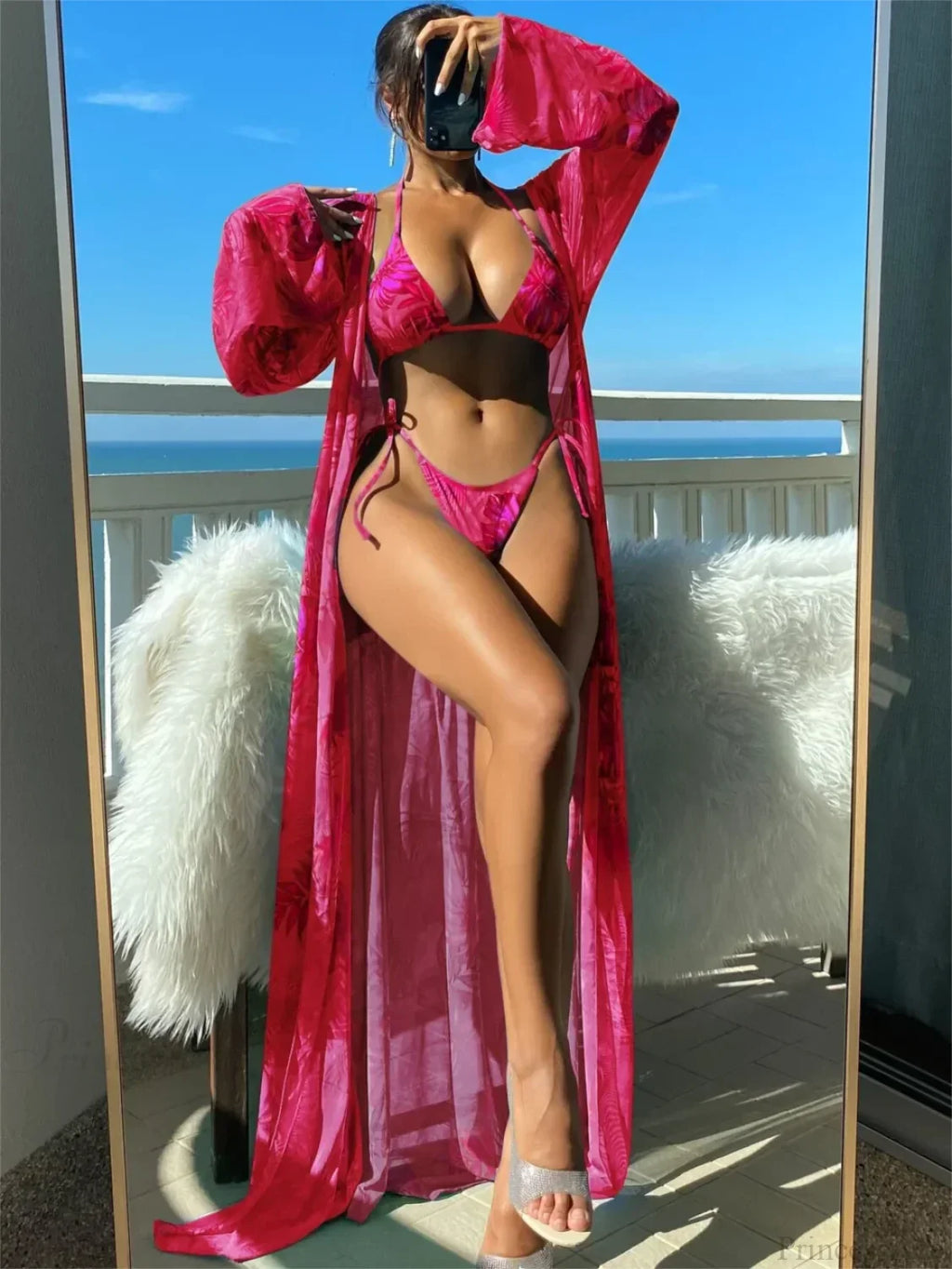Triangle String Bikini Set with Kimono Three Piece Swimsuit