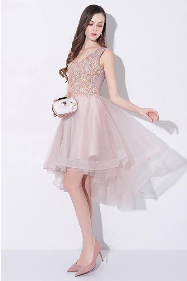 Tulle High Low V-neck Homecoming Prom Dress Sleeveless