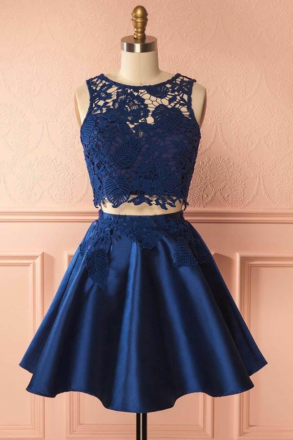 Two Piece Dark Satin Homecoming Dress with Lace Appliques
