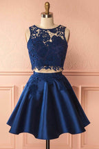 Two Piece Dark Satin Homecoming Dress with Lace Appliques