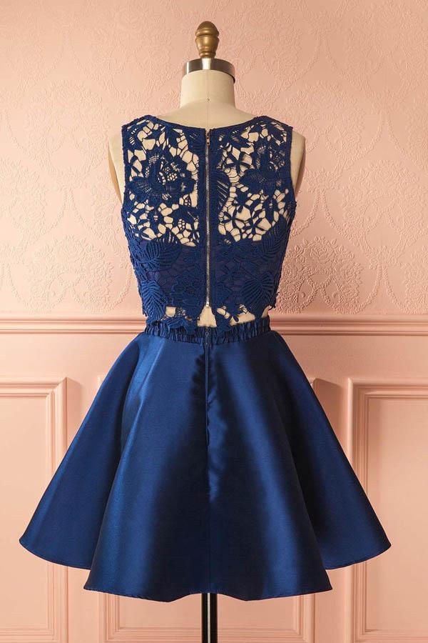 Two Piece Dark Satin Homecoming Dress with Lace Appliques