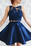 Two Piece Dark Satin Homecoming Dress with Lace Appliques