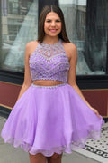 Two Piece High Neck Beading Lilac Chiffon Homecoming Dress