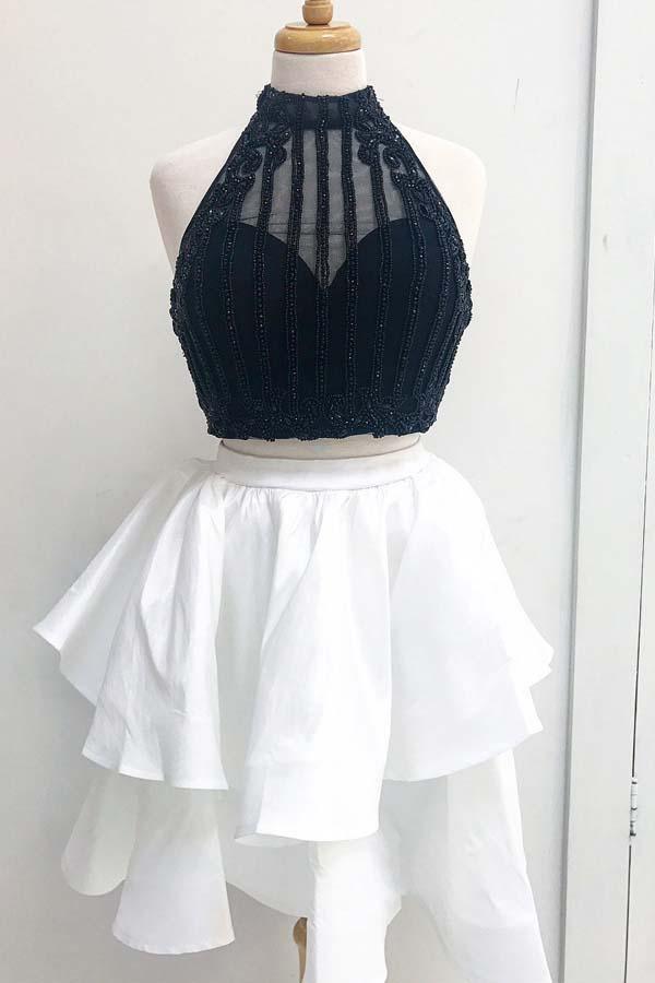 Two Piece High Neck Short  Satin Homecoming Dress with Beading