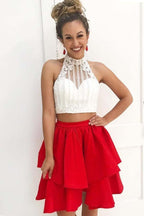 Two Piece High Neck Short  Satin Homecoming Dress with Beading