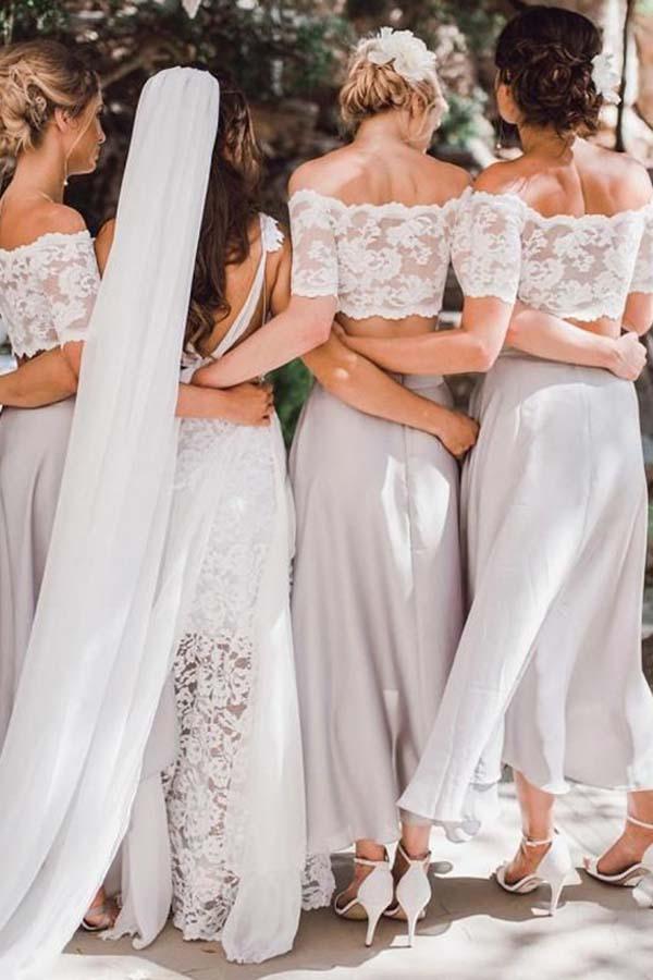 Vestido de dama de honor de dos piezas de gasa gris con hombros descubiertos y encaje