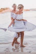 Vestido de dama de honor de dos piezas de gasa gris con hombros descubiertos y encaje