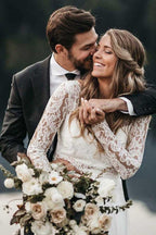 Vestido de gasa marfil de dos piezas con cuello redondo, top de encaje y manga larga