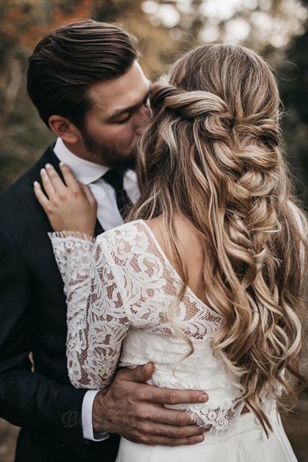 Vestido de gasa marfil de dos piezas con cuello redondo, top de encaje y manga larga