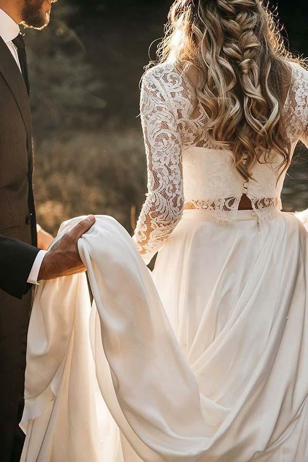 Vestido de gasa marfil de dos piezas con cuello redondo, top de encaje y manga larga