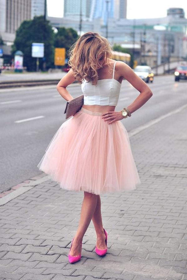 Zweiteiliges Tüll-Spaghettiträger-Trägerloses Homecoming-Kleid