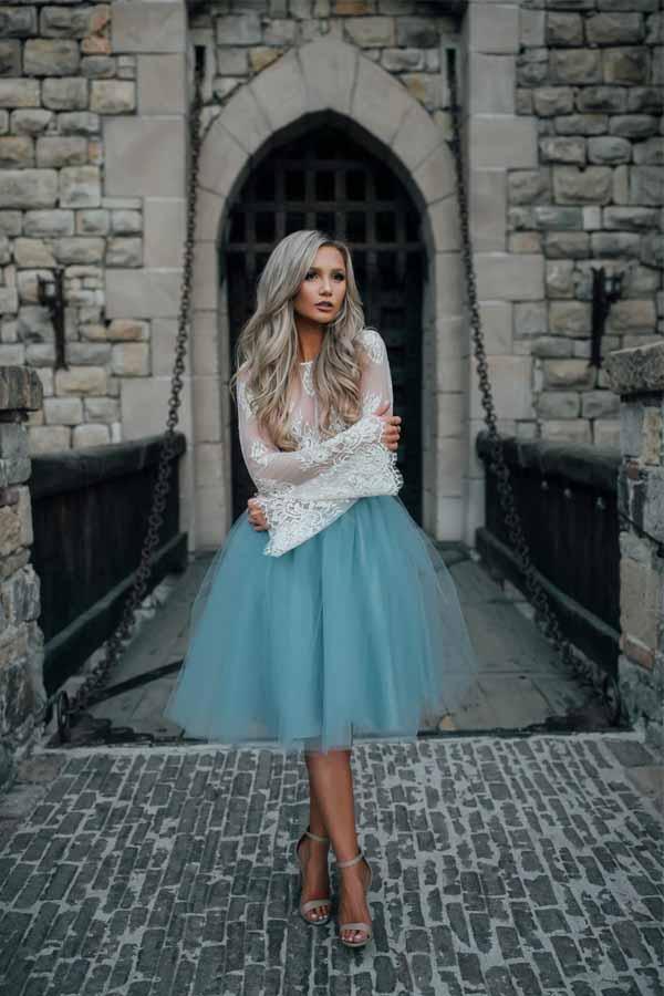 Two Piece Tulle See Through Long Sleeve Lace Homecoming Dress