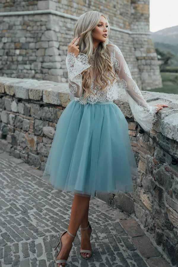 Two Piece Tulle See Through Long Sleeve Lace Homecoming Dress