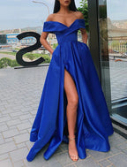 A-Line Prom Dresses Celebrity Style Dress Christmas Floor Length Short Sleeve V Neck Satin with Slit