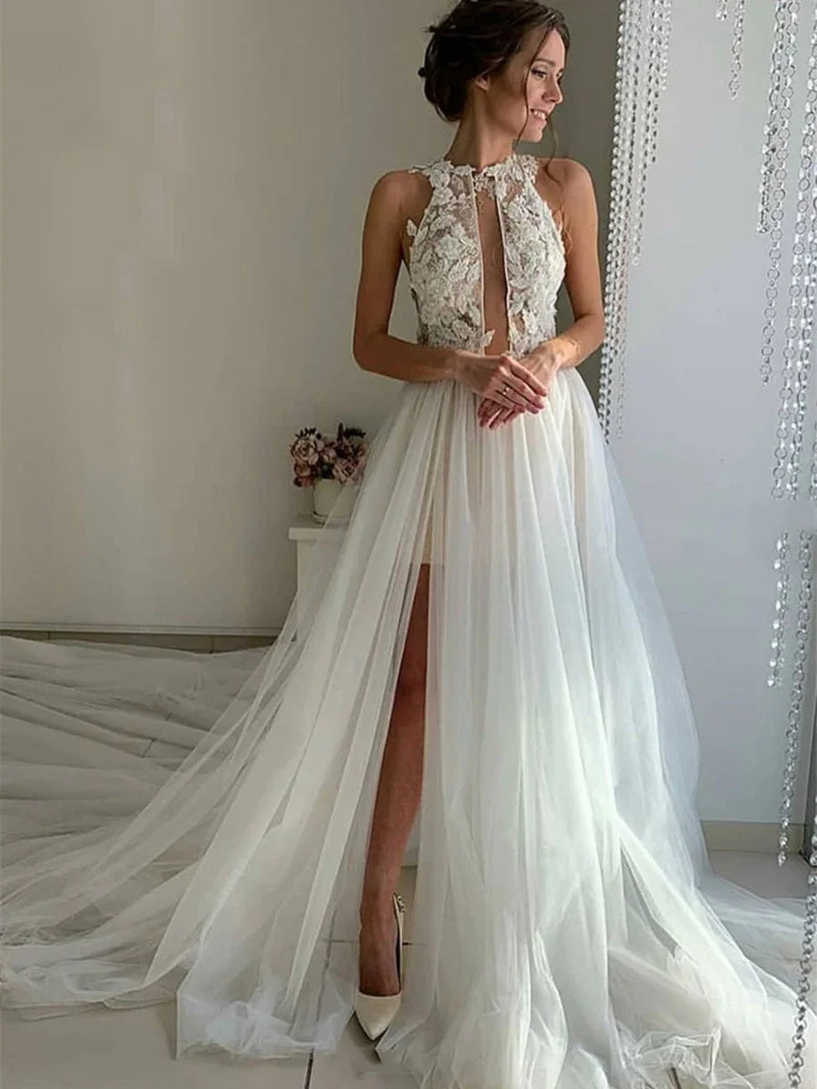 Vestidos de novia largos únicos de tul con encaje, cuello alto y corte A con abertura