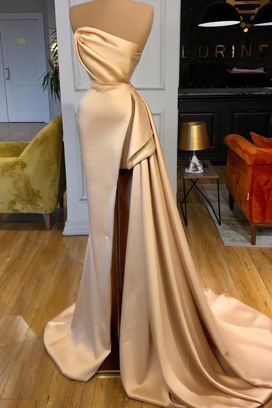 Einzigartiges champagnerfarbenes Ballkleid mit Seitenschlitz, langes Abendkleid