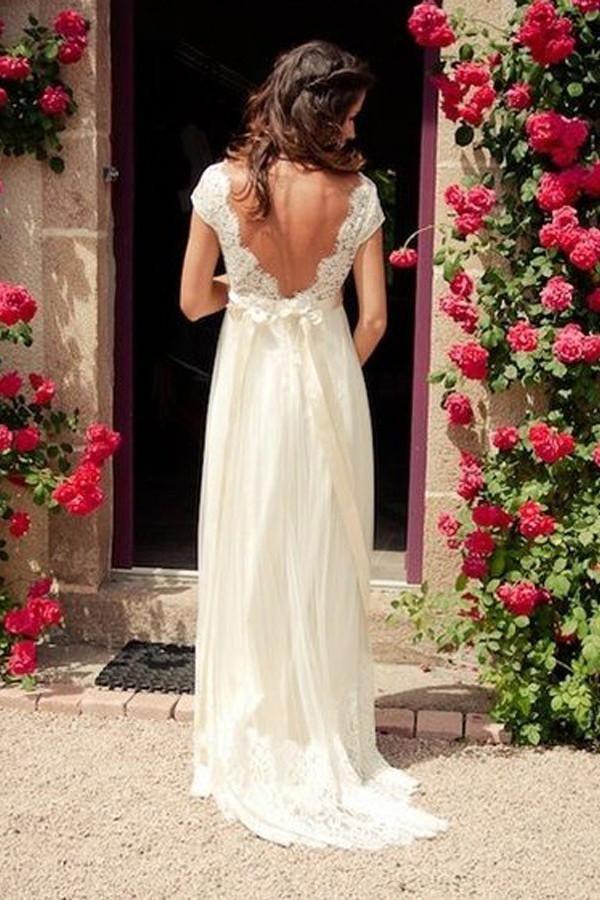 Vestido de Novia con Escote en V, Mangas Cortas, Cola de Barrido, Espalda Descubierta y Fajín