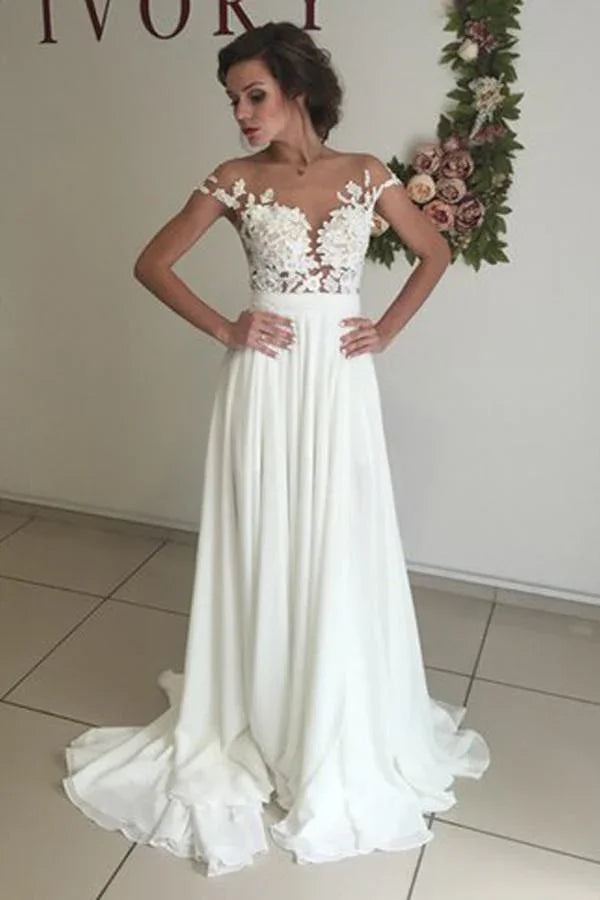 Vestido de Novia Marfil con Escote de Pico, Mangas Cortas y Cola de Barrido con Aplicaciones