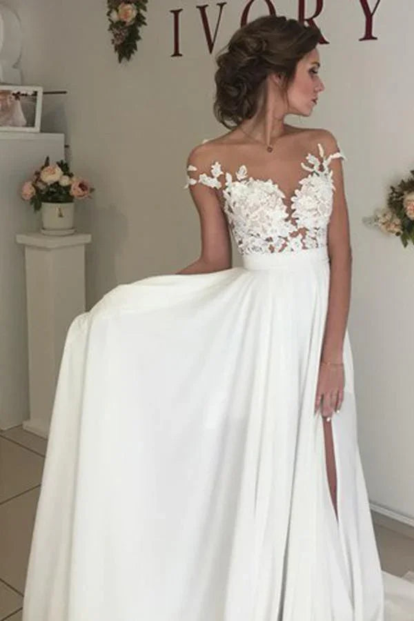 Vestido de Novia Marfil con Escote de Pico, Mangas Cortas y Cola de Barrido con Aplicaciones