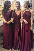 Vestido de dama de honor de gasa color uva con escote en V y abertura hasta el suelo