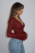 V-Neck Lace Fitted Long Sleeve Tee