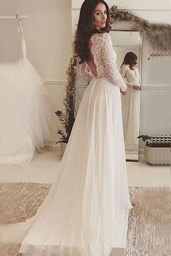 Hochzeitskleid aus elfenbeinfarbenem Chiffon mit V-Ausschnitt, langen Ärmeln, rückenfrei und Spitze