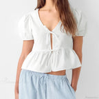 V-neck Open Front Tie-up Short Sleeve Blouse