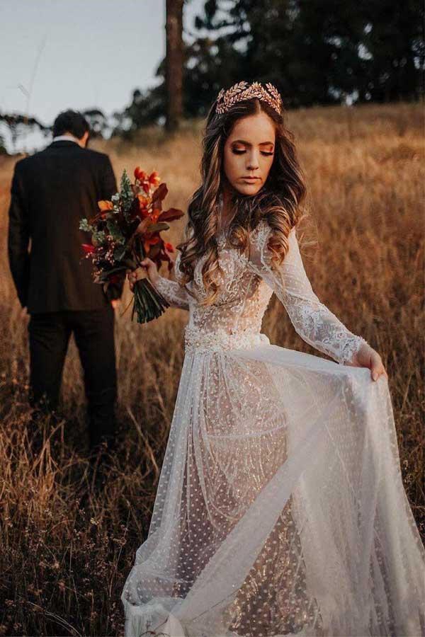 V-Ausschnitt, Polka Dots, Spitze, offener Rücken, lange Ärmel, Boho Brautkleid