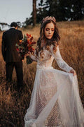V-Ausschnitt, Polka Dots, Spitze, offener Rücken, lange Ärmel, Boho Brautkleid