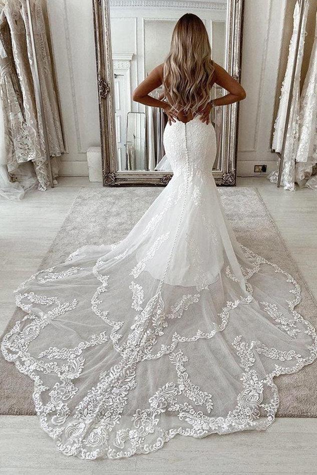 Vestidos de novia de sirena con escote en V, sin mangas, apliques de encaje y longitud hasta el suelo