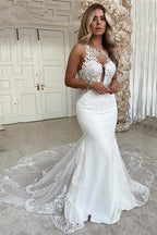 Vestidos de novia de sirena con escote en V, sin mangas, apliques de encaje y longitud hasta el suelo
