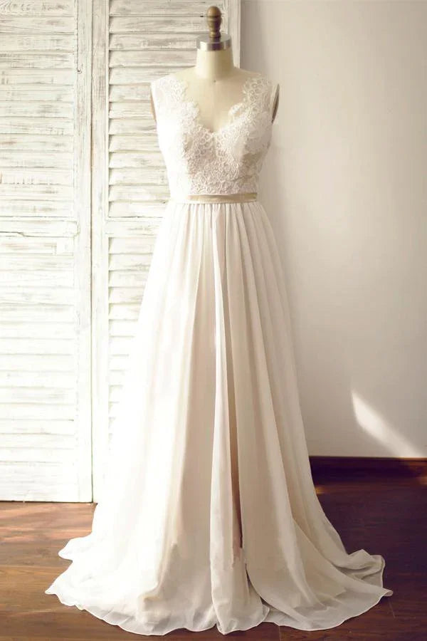 Vestido de novia sin mangas con escote en V, espalda abierta y fajín de encaje