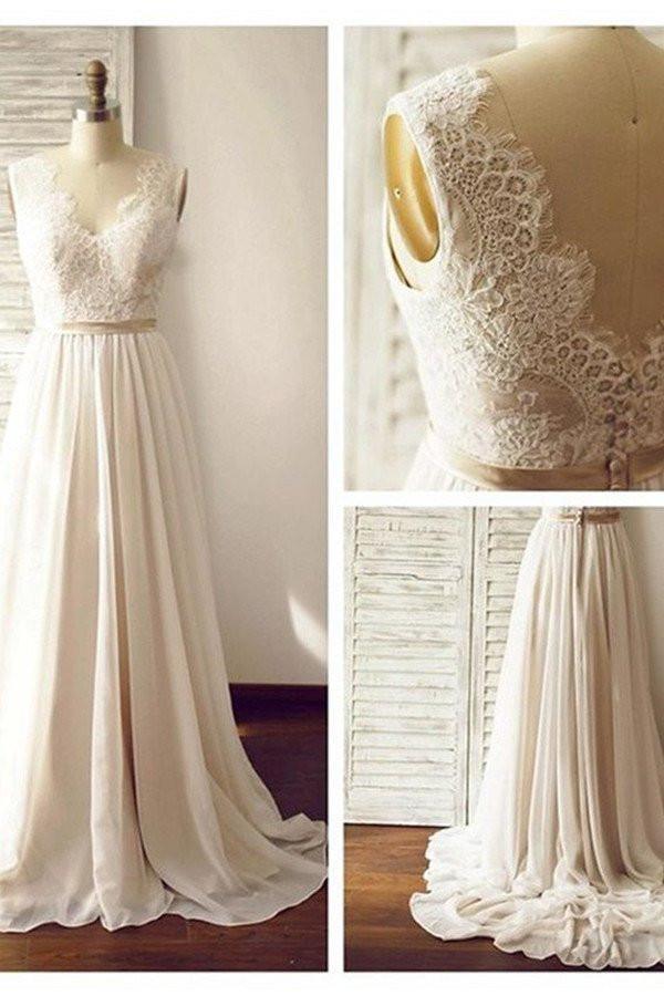 Vestido de novia sin mangas con escote en V, espalda abierta y fajín de encaje