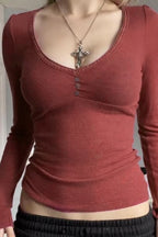 V-Neck Solid Fitted Long Sleeve Tee