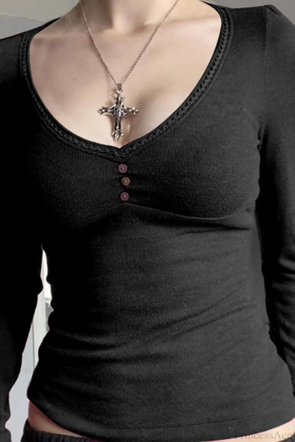 V-Neck Solid Fitted Long Sleeve Tee