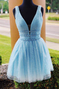 Vestido de fiesta corto con escote en V, pedrería brillante, vestido de bienvenida